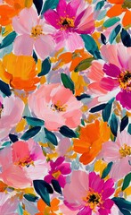 Pink peonies, orange camellias, green leaves flowers