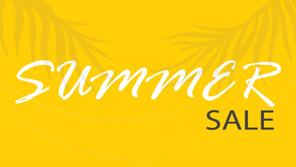 Horizontal advertising banner with summer sale. Bright yellow background with silhouette of palm leaves and text. Seasonal hot time mailing. Template for leaflet, brochure, advertisement, announcement