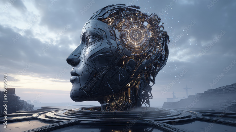 Poster ai or artificial intelligence in image robot head hover over podium in virtual cyberspace. humanoid 