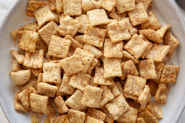 Crunchy Cinnamon Sugar Breakfast Cereal with Milk in a Bowl, top view.