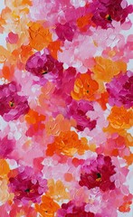 Pink peonies, orange camellias, green leaves flowers