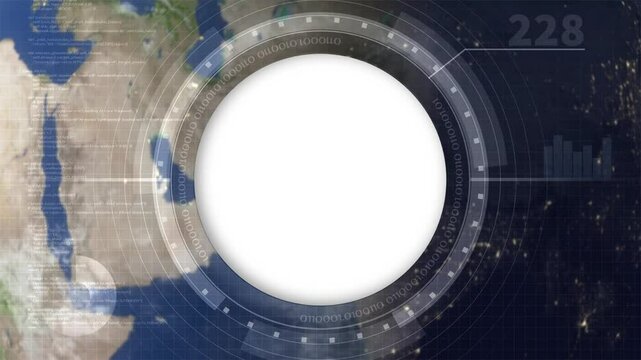 Blank spot for copy space and digital infographics on turning planet earth. 4K animation for worldwide breaking news.