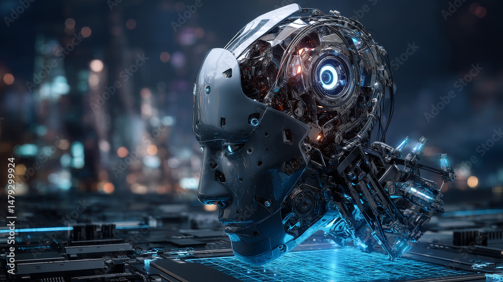 Poster ai or artificial intelligence in image robot head hover over podium in virtual cyberspace. humanoid 