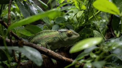 Fototapeta premium Green chameleon perched amidst tropical foliage.