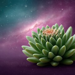 Fototapeta premium Vibrant Green Succulent Cactus Against a Cosmic Purple and Teal Galaxy Background A Stunning Closeup of Nature's Beauty