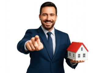 Man in suit holding small house isolated on transparent background.