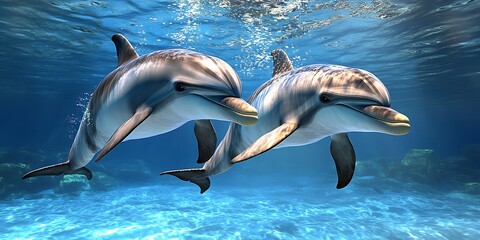 Playful dolphins swimming together in crystal clear waters underwater photography marine environment dynamic scene