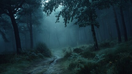 A dark forest path shrouded in mist, where mystery lingers in the soft light.

