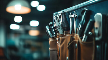 Neatly arranged tools on a technician's belt, showcasing precision and readiness for skilled craftsmanship.