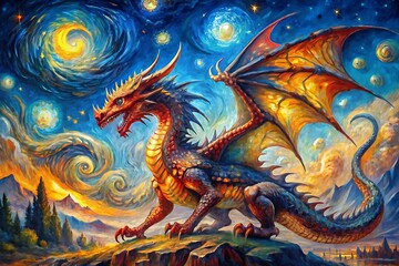 Dragon is standing on a rock with its mouth open. Graphic, vector, illustration, art, design, clipart, cartoon, watercolor, mockup, abstract, digital, stock, images, AI