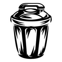 Monochrome illustration of a vintage style trash can with a handle