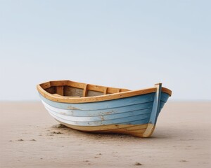 Fototapeta premium Weathered Wooden Rowboat on Sandy Beach Seascape A serene coastal scene of an old blue and beige dinghy