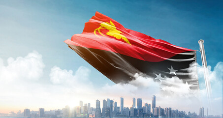 Papua New Guinea national flag waving with skyline and buildings. Papua New Guinea national flag for independence day.