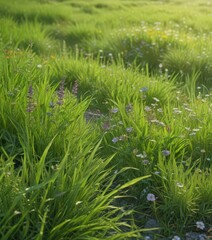 Fototapeta premium Vibrant green grass, wildflowers blooming in June sunlight, botanical, scenic