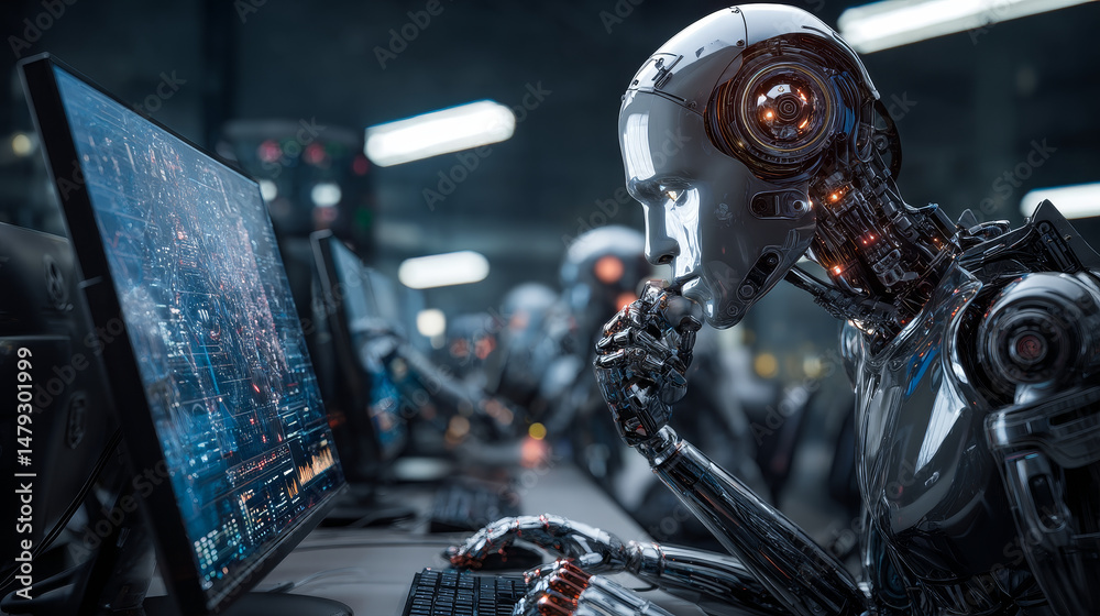 Poster ai. artificial intelligence. robot or cyborg looking at virtual hud interface. machine learning conc