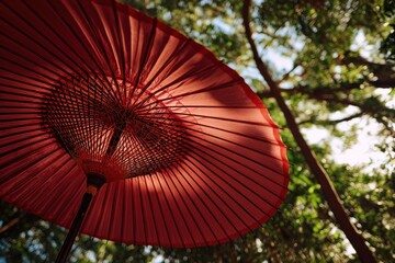 Red Umbrella from Below Among Lush Green Trees