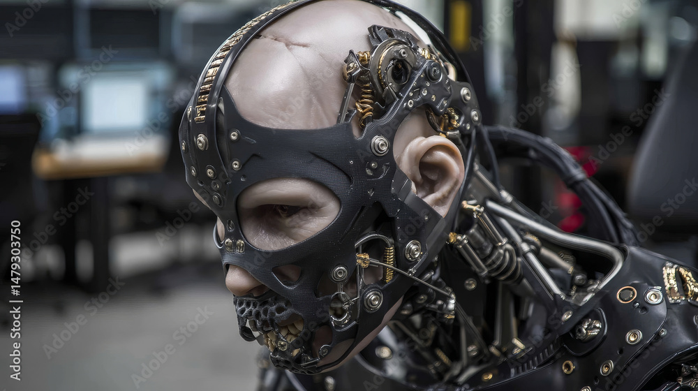 Poster anthropoid robot printed mask on 3d printer. cyborg with artificial intelligence hide metal head and