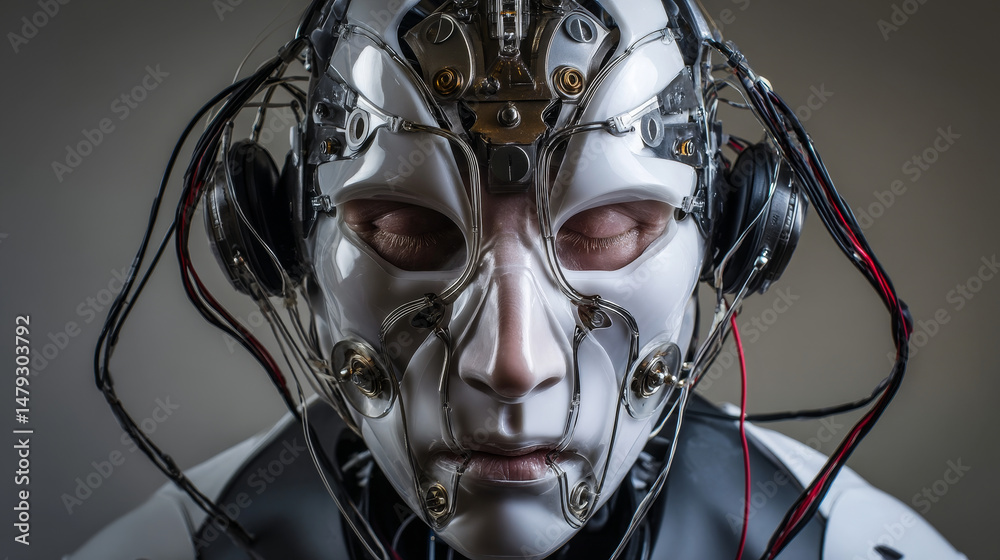 Poster anthropoid robot printed mask on 3d printer. cyborg with artificial intelligence hide metal head and
