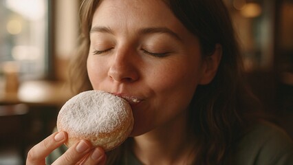 Young woman savoring the sweet taste of a powdered donut, eyes closed in blissful enjoyment while taking a bite in a cozy cafe, surrounded by warm light and inviting aromas