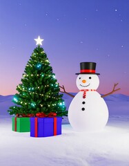 Fototapeta premium snowman and christmas tree Cartoon 