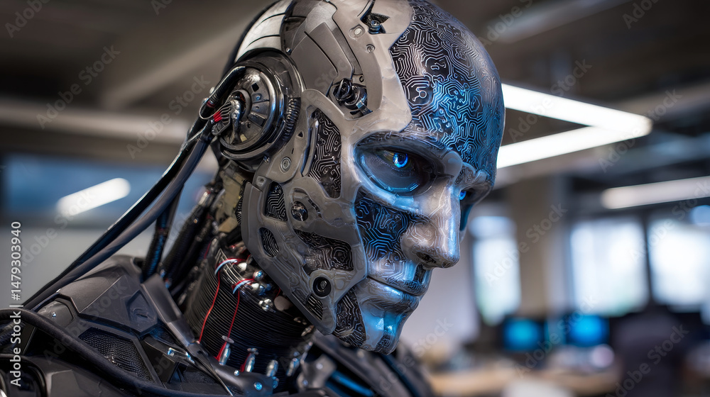 Poster anthropoid robot printed mask on 3d printer. cyborg with artificial intelligence hide metal head and