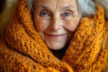 Close-up portrait of a smiling elderly woman wrapped in a warm, orange knitted scarf.