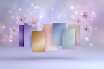 Pastel watercolor name tags of January through December dancing mid-air in soft arc formation, surrounded by cherry blossoms, light flares, and spring petals, dreamy and romantic background, 