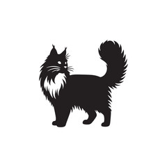 Norwegian Forest Cat Vector Silhouette: Majestic, Long-Haired Feline with Thick Coat and Bushy Tail, Captured in a Sleek, Minimalist Outline for Artistic, Modern Designs.
