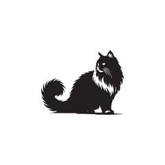 Norwegian Forest Cat Vector Silhouette: Majestic, Long-Haired Feline with Thick Coat and Bushy Tail, Captured in a Sleek, Minimalist Outline for Artistic, Modern Designs.
