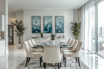 Fototapeta premium Modern minimalist dining room with a glass table, beige chairs, turquoise blue-green abstract canvas painting, and elegant vertical art paintings in the background.