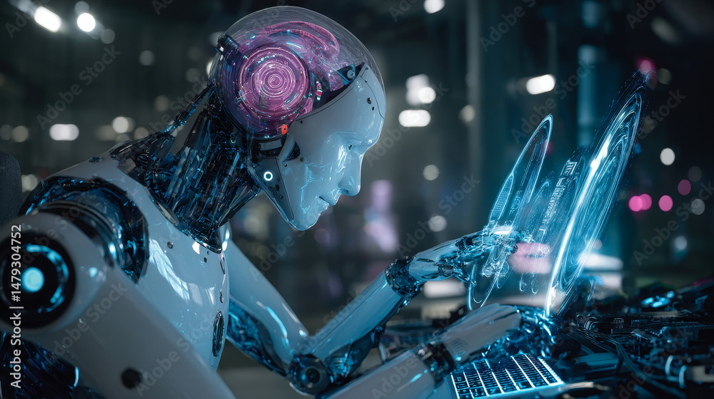 Poster robot humanoid works with a virtual hud interface in augmented reality. robot with a plastic face pr