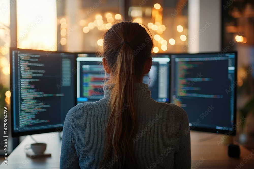 Fototapete A woman programmer sits before three monitors displaying lines of code, deeply immersed in her work.