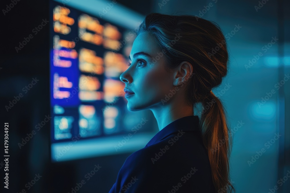 Poster a woman gazes intently at a vibrant digital display, showcasing data and code.