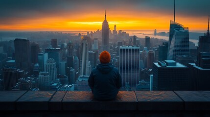 Cityscape sunrise, solitary figure