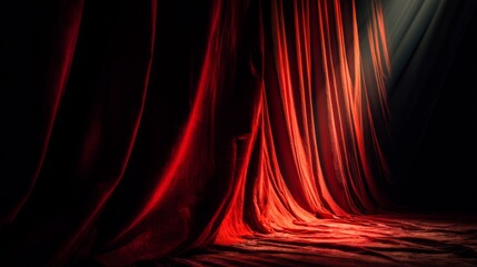 Fototapeta premium Dramatic red velvet curtain under spotlight, evoking passion and anticipation 