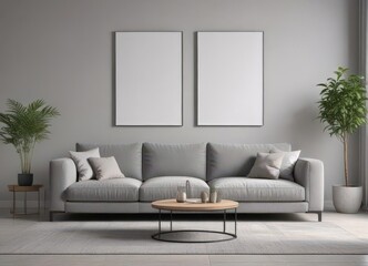 Chic grey sofa, minimalist posters, bright living room, comfortable, prints