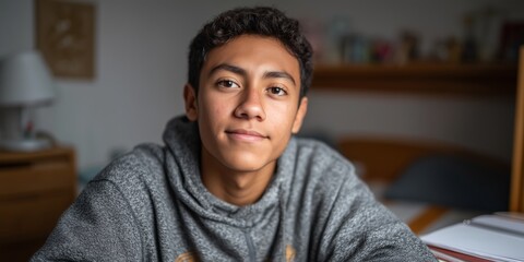 Young student focused on studying in bedroom environment