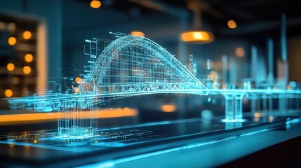 A holographic bridge construction plan displayed in an urban development lab