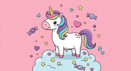Whimsical unicorn on cloud with rainbow mane surrounded by candy and stars