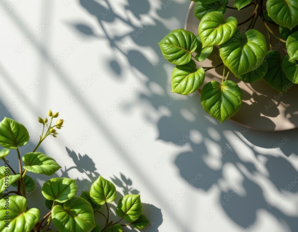 Poster faux 3d render with textured leaves casting shadows, creating depth and a slightly surreal look