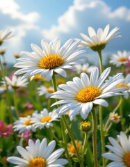 Obraz premium photorealistic close up of daisies with dewdrops, bright sunny background with soft clouds