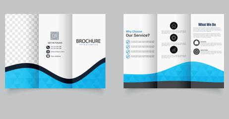 Tri fold wave brochure layout. Blue and white flyer. For design and print, flyer for a real estate agency.