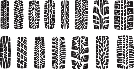 Set of detailed tire track illustrations showcasing different designs, textures, and patterns for creative applications. Ideal for design, automotive projects, and pattern references.