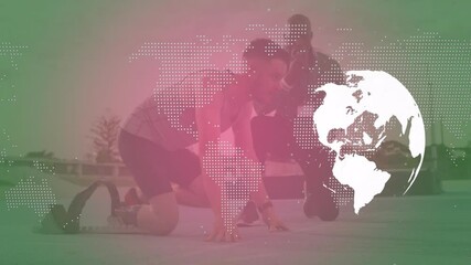 Male athlete kneeling while receiving coach tips with prosthetic blades, tech world map overlay