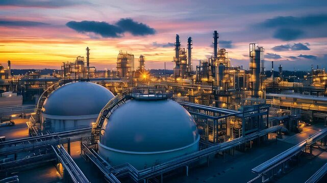 Equipment of an energy company, including tanks for storing hydrogen and facilitating the production of clean energy. The tanks store H2 to generate electricity in a hydrogen power plant