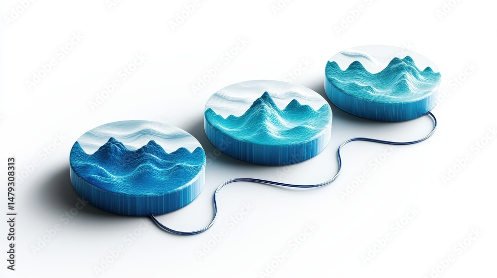 Poster array of interconnected 3d blue mountains representing data visualization or technology concept with