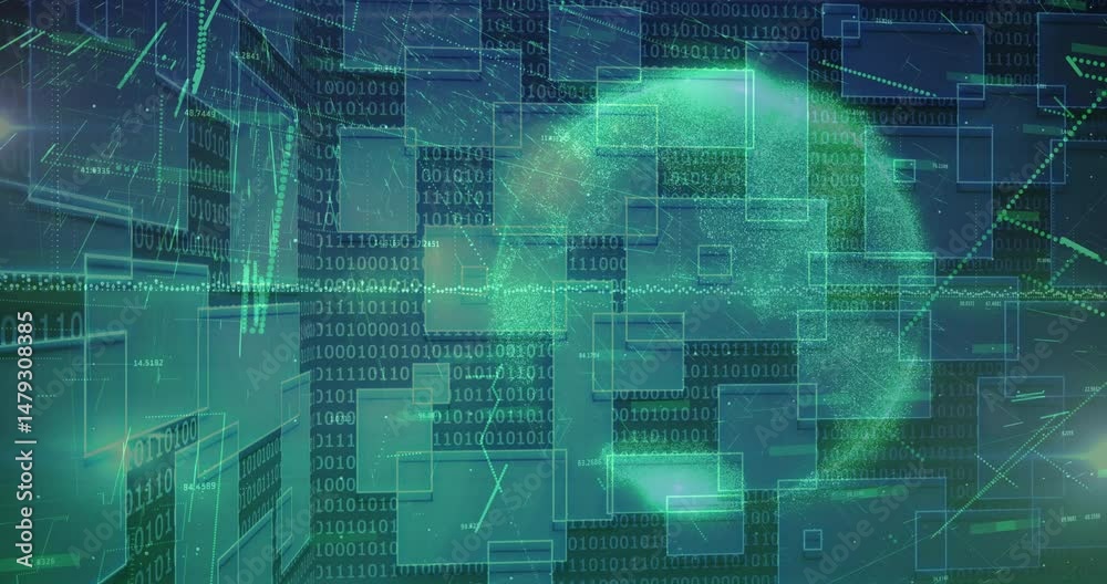 Poster 3d render digital globe rotating on right, showing cascading binary digits with flowing data lines
