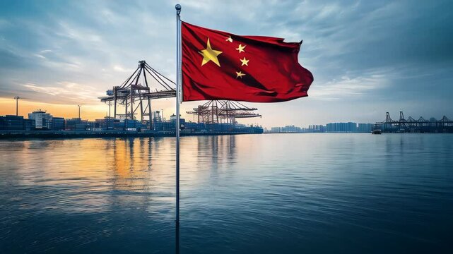 Chinese flag at the port, with crane arms extending over the sea harbor. Shipments arriving at China&acirc;&euro;&trade;s port, including goods deliveries from the PRC. Maritime logistics in China, import and export