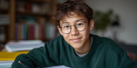 Young asian student with glasses studying indoors for academic success