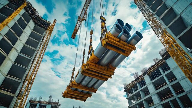 Construction site scenery. Pipes being lifted by a tower crane. Building process in action. Heavy load hoisting with a tower crane. High-rise building under construction in the background
